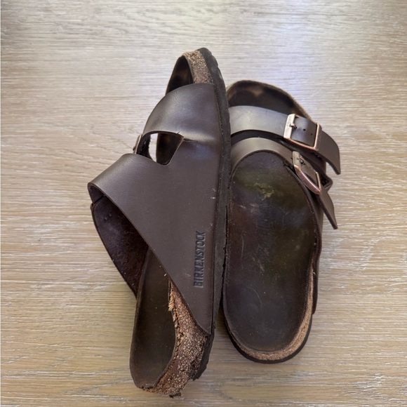Birkenstock brown leather buckle women’s slip on slides sandals shoes size 10.5 - Picture 4 of 7